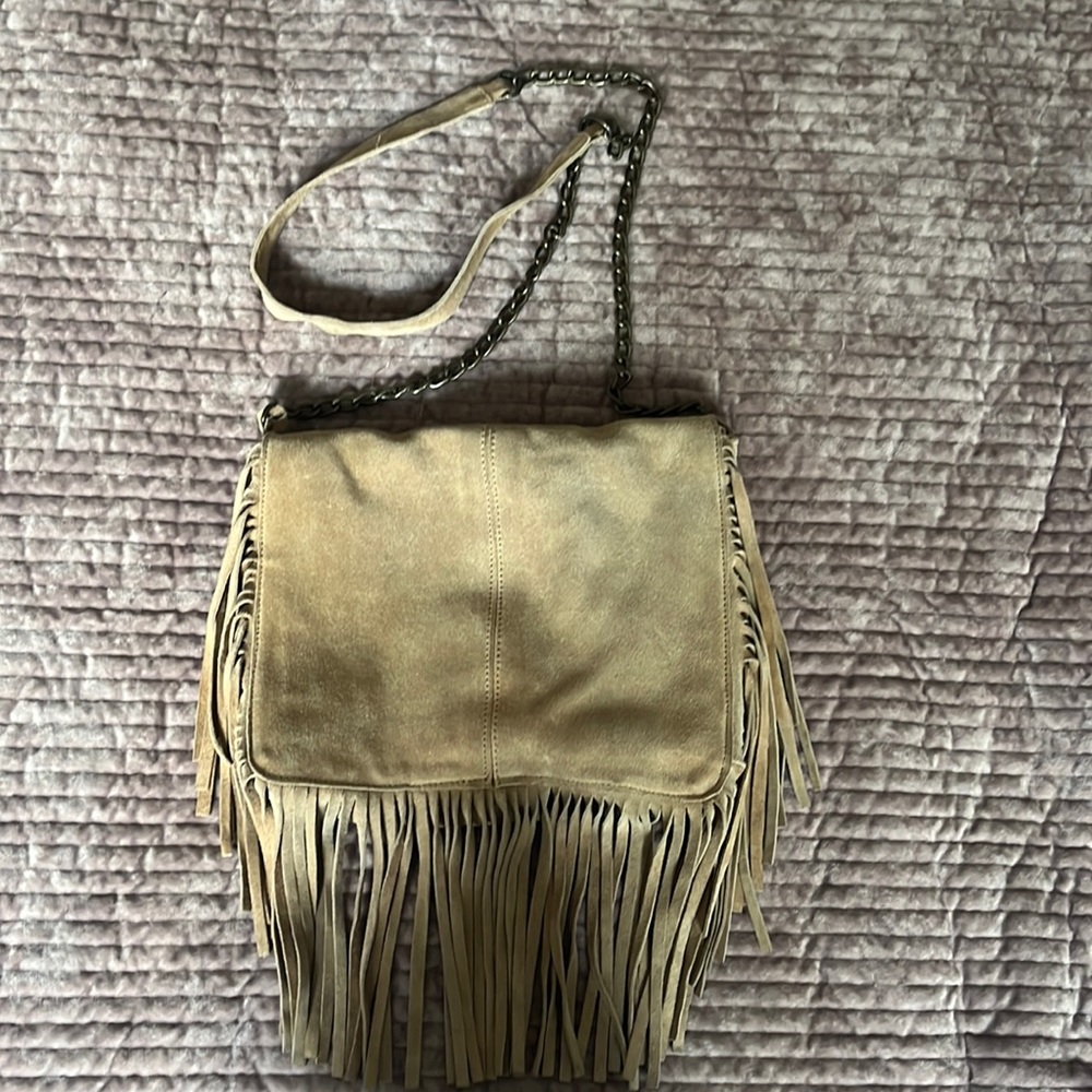 Tan suede fringe crossbody bag with brass chain